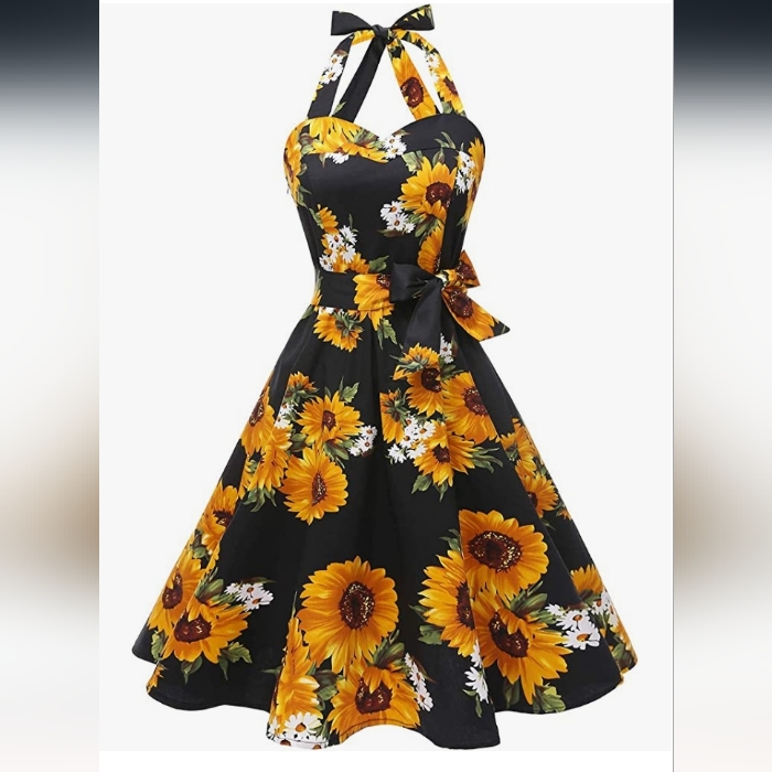1950s Styled Sunflower Print Cocktail Swing Dress